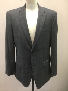 TOMMY HILFIGER, Gray, Dk Gray, Wool, Polyester, Grid , Gray with Dark Gray and Light Gray Streaked/Faint Grid Pattern, Single Breasted, Notched Lapel, 2 Buttons, 3 Pockets, Solid Dark Gray Lining
