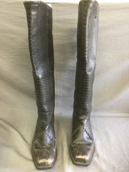Mens, Sci-Fi/Fantasy Boots , MTO, Black, Gold, Leather, Metallic/Metal, 10, Made To Order, Alligator Skin Front, Square Toe Wrapped with Metal, Pull On, Knee High