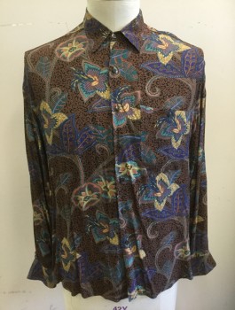 MIRTO, Brown, Teal Green, Indigo Blue, Butter Yellow, Lavender Purple, Rayon, Floral, Abstract , Long Sleeve Button Front, Collar Attached, 1 Patch Pocket, Oversized Fit