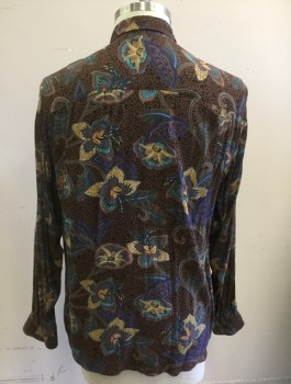 MIRTO, Brown, Teal Green, Indigo Blue, Butter Yellow, Lavender Purple, Rayon, Floral, Abstract , Long Sleeve Button Front, Collar Attached, 1 Patch Pocket, Oversized Fit