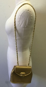 BAGS By WARREN REED, Gold, Leather, Solid, Evening Bag, Flap Closure with Gold Ring Closure, Gold Chain with Leather Braided Through