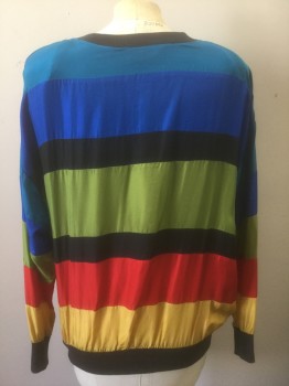 SUNNY LEIGH, Multi-color, Silk, Color Blocking, Horizontal Panels in Turquoise, Royal Blue, Lime, Red and Mustard with Small Black Panels in Between, Pullover, Black Rib Knit Crew Neck and Cuffs, Padded Shoulders,
