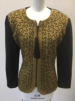 RICK BEACH/P.CAPPALI, Caramel Brown, Black, Polyester, Front Panel Has Wavy Appliques, Sleeves and Back are Black, L/S, Zip Front With Tassel Zipper Pull, Round Neck, No Lapel, Padded Shoulders