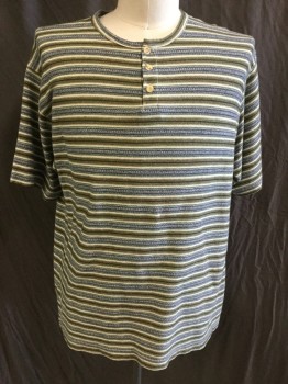 Mens, T-shirt, BOX OFFICE, White, Olive Green, Black, Forest Green, Blue, Cotton, Acrylic, Stripes - Horizontal , XL, Henley, Texture Horizontal Stripes, Crew Neck, 3 Button Front, Short Sleeves,