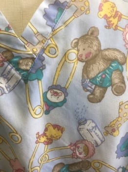 LANDAU, Multi-color, Lt Blue, Pink, Brown, Teal Green, Poly/Cotton, Novelty Pattern, Novelty Baby Diaper Pins with Animals Pattern, Short Sleeve, V-neck, 2 Patch Pockets at Hips