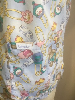 LANDAU, Multi-color, Lt Blue, Pink, Brown, Teal Green, Poly/Cotton, Novelty Pattern, Novelty Baby Diaper Pins with Animals Pattern, Short Sleeve, V-neck, 2 Patch Pockets at Hips