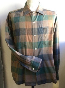 BRENT, Brown, Forest Green, Gray, Cotton, Check , Button Front, Long Sleeves, Collar Attached, 2 Pockets,