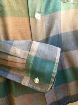 Mens, Shirt, BRENT, Brown, Forest Green, Gray, Cotton, Check , 16.5, Button Front, Long Sleeves, Collar Attached, 2 Pockets,