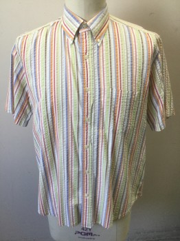 LANDS END, Multi-color, Peach Orange, White, Lime Green, Faded Red, Cotton, Stripes - Vertical , Seersucker, Colorful Textured Seersucker, Short Sleeve Button Front, Collar Attached, Button Down Collar, 1 Pocket, Has a Double