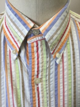 LANDS END, Multi-color, Peach Orange, White, Lime Green, Faded Red, Cotton, Stripes - Vertical , Seersucker, Colorful Textured Seersucker, Short Sleeve Button Front, Collar Attached, Button Down Collar, 1 Pocket, Has a Double