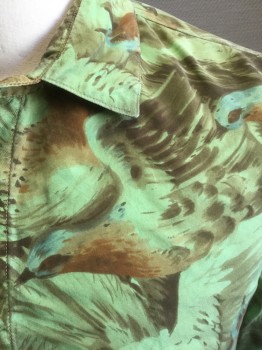 N/L, Green, Brown, Chestnut Brown, Chartreuse Green, Silk, Animals, Abstract , Bright Green with Shades of Brown, Chartreuse and Blue Watercolor Birds Pattern, Short Sleeve Button Front, Collar Attached, Short Length, Made To Order