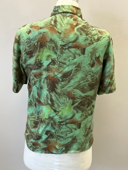 N/L, Green, Brown, Chestnut Brown, Chartreuse Green, Silk, Animals, Abstract , Bright Green with Shades of Brown, Chartreuse and Blue Watercolor Birds Pattern, Short Sleeve Button Front, Collar Attached, Short Length, Made To Order