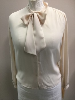 JORDA, Cream, Acetate, Solid, Crepe, Button Front, Attached Tie Neck, Yoke, Long Sleeves with Button Cuffs, Pussy Bow