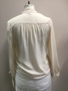 JORDA, Cream, Acetate, Solid, Crepe, Button Front, Attached Tie Neck, Yoke, Long Sleeves with Button Cuffs, Pussy Bow
