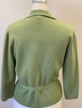 Womens, Blazer, NO LABEL, Green, Lt Yellow, Wool, Solid, W34, B40, Long Sleeves, Double Breasted,Self  Belt Attached, Notched Lapel, Knit, 2 Faux Pockets, (2 Buttons Missing)