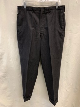 Mens, 1960s Vintage, Suit, Pants, ANDERSON LITTLE, Charcoal Gray, White, Wool, Stripes - Pin, Flat Front, Zip Fly, 4 Pockets, Belt Loops, Split Center Back Waistband, Cuffed,