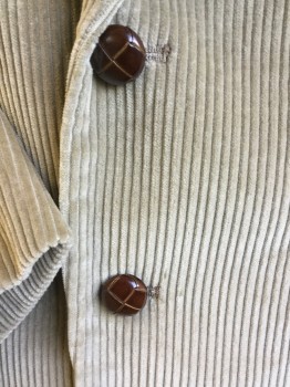 Mens, Sportcoat/Blazer, ACADEMY AWARDS, Khaki Brown, Cotton, Polyester, Solid, 43R, Corduroy, Shimmer Light Gold Lining, Notched Lapel, Single Breasted, 2 Brown Cracked Wood Button Front, 3  (2-w/ Flap), Long Sleeves with Light Brown Oval Patch Elbow & 3 Matching Brown Cracked Buttons at Cuff, 1 Split Center Back Hem