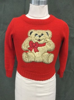 JC PENNEY, Red, Tan Brown, Acrylic, Solid, Christmas Sweater, Red Long Sleeves, Ribbed Knit Crew Neck/Waistband/Cuff, Fuzzy Tan Teddy Bear Appliqué