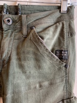 G STAR, Dk Olive Grn, Cotton, Polyester, Solid, CARGO PANTS, 5 Pockets, 2 Pockets on Legs, 1 Snap at Hem, Zip Fly, Button Closure *Aged/Distressed*