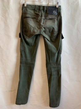 G STAR, Dk Olive Grn, Cotton, Polyester, Solid, CARGO PANTS, 5 Pockets, 2 Pockets on Legs, 1 Snap at Hem, Zip Fly, Button Closure *Aged/Distressed*