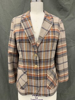 Womens, Blazer, JACK WINTER, Beige, Navy Blue, Orange, Black, Polyester, Plaid, Tweed, B: 40, Single Breasted, Collar Attached, Notched Lapel, 2 Pockets, Long Sleeves,