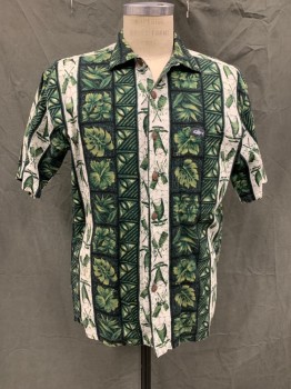 Mens, Hawaiian Shirt, HAWAIIAN STYLE, Dk Green, Green, White, Black, Cotton, Hawaiian Print, S/M, Button Front, Collar Attached, Short Sleeves, 1 Pocket