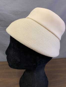 EVA MAE MODES, Cream, Straw, Silk, Flat Topped Crown with Brim That Curves Over Face, 2" Wide Structured Silk Band with Square Fold in Back,