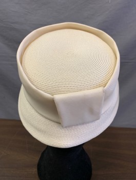EVA MAE MODES, Cream, Straw, Silk, Flat Topped Crown with Brim That Curves Over Face, 2" Wide Structured Silk Band with Square Fold in Back,