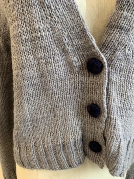 THE ELDER STATESMAN, Lt Gray, Cashmere, Solid, 3 Navy Yarn Covered Button Front, V-neck, Ribbed Knit Cropped Waist, Ribbed Knit Cuff