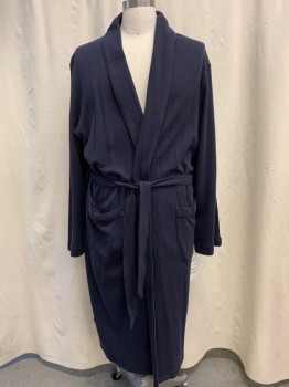 Mens, Bathrobe, NORDSTROM'S, Navy Blue, Cotton, Solid, XL/XXL, Thermal, Surplice Shawl Collar, Long Sleeves, 2 Patch Pocket, Belted Waist, Below the Knee Length