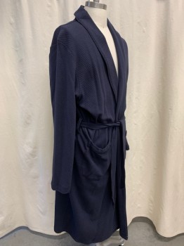 Mens, Bathrobe, NORDSTROM'S, Navy Blue, Cotton, Solid, XL/XXL, Thermal, Surplice Shawl Collar, Long Sleeves, 2 Patch Pocket, Belted Waist, Below the Knee Length
