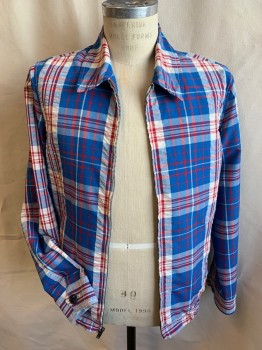 Mens, Casual Jacket, MARC JACOBS, Teal Blue, Off White, Red, Navy Blue, Polyester, Cotton, Plaid, Solid, M, Collar Attached, Solid Navy Lining, Zip Front, 2 Slant Pockets with Zipper, Long Sleeves, 2" Elastic Band Hem