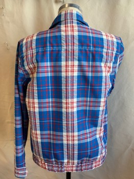 Mens, Casual Jacket, MARC JACOBS, Teal Blue, Off White, Red, Navy Blue, Polyester, Cotton, Plaid, Solid, M, Collar Attached, Solid Navy Lining, Zip Front, 2 Slant Pockets with Zipper, Long Sleeves, 2" Elastic Band Hem