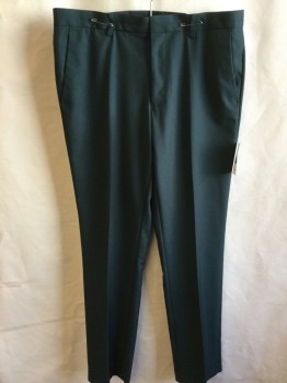 Mens, Slacks, TOPMAN, Forest Green, Polyester, Viscose, Solid, 34/31, 1.5" Waistband with Belt Hoops, Flat Front, Zip Front, 4 Pockets