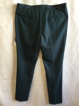 Mens, Slacks, TOPMAN, Forest Green, Polyester, Viscose, Solid, 34/31, 1.5" Waistband with Belt Hoops, Flat Front, Zip Front, 4 Pockets