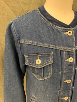 LEVI'S, Dk Blue, Cotton, Polyester, Solid, Dark Blue Stretch Denim, Button Front, 4 Pockets, Yoke, Ribbed Knit Bomber Collar/Waistband/Cuff