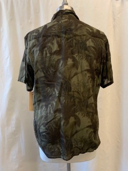 OFFICINE GENERALE, Dk Green, Black, Cotton, Tie-dye, Button Front, Collar Attached, Short Sleeves, 1 Pocket, Palm Tree Print