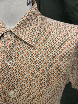 EMANUEL, Tan Brown, Orange, Olive Green, Navy Blue, Cotton, Geometric, Button Front, Collar Attached, Short Sleeves