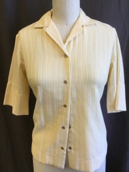 Womens, Blouse, H BARC  CALIFORNIA, Dk Beige, Polyester, Cotton, Novelty Pattern, Stripes - Vertical , M, Texture Chain Link Vertical Stripes, Notched Lapel, Light Brown Pearl with Gold Trim Snap Front, Short Sleeves, 2" Side Split Hem