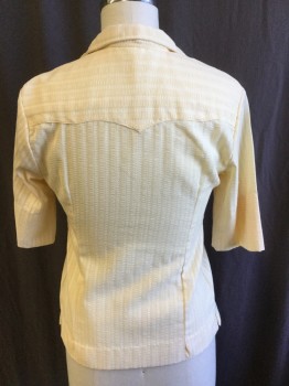 Womens, Blouse, H BARC  CALIFORNIA, Dk Beige, Polyester, Cotton, Novelty Pattern, Stripes - Vertical , M, Texture Chain Link Vertical Stripes, Notched Lapel, Light Brown Pearl with Gold Trim Snap Front, Short Sleeves, 2" Side Split Hem