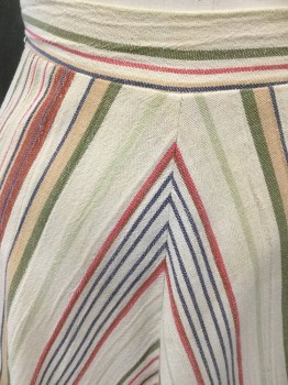 N/L, Off White, Red, Navy Blue, Green, Tan Brown, Poly/Cotton, Stripes - Diagonal , Diagonal Stripe Panel Skirt, 1.5" Waistband, Zip Back, Below Knee Length