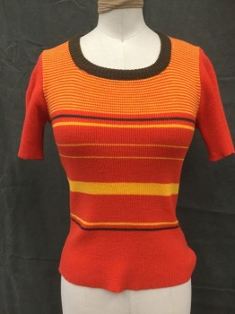 N/L, Orange, Yellow, Dk Brown, Acrylic, Stripes, Ribbed Knit, Vertical Stripes, Solid Brown Ribbed Knit Scoop Neck, Short Sleeves, Pullover