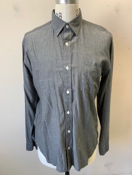 J.CREW, Gray, Cotton, Solid, Chambray, White Top Stitching, Long Sleeve Button Front, Collar Attached, Hidden Button Down Collar (Buttons Not Visible), 1 Patch Pocket