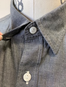 J.CREW, Gray, Cotton, Solid, Chambray, White Top Stitching, Long Sleeve Button Front, Collar Attached, Hidden Button Down Collar (Buttons Not Visible), 1 Patch Pocket