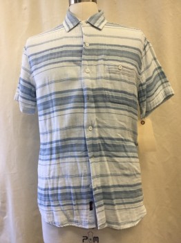 FAHERITY, White, Blue, Cotton, Stripes - Horizontal , Button Front, Collar Attached, Short Sleeves, 1 Pocket,