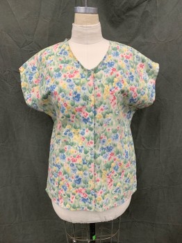 Womens, Nurse, Top/Smock, LIFE, Green, Blue, Tan Brown, Mauve Pink, Pink, Poly/Cotton, Floral, L, Snap Front, Scoop Neck, Short Sleeves, 2 Pockets