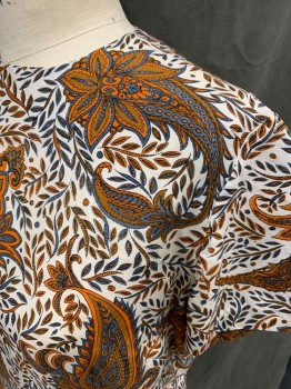 Womens, Top, N/L, Brown, Orange, White, Gray, Silk, Paisley/Swirls, B 36, Short Sleeves, Button Center Back, Slits and Darts at Front Hem
