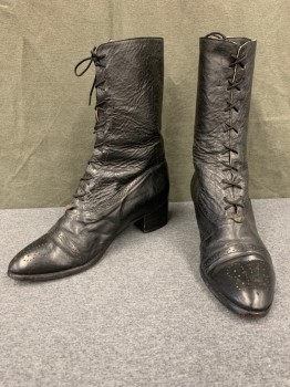 N/L, Black, Leather, Solid, Perforated Cap Toe, High Ankle Lacing/Ties, Medium Low Heel,