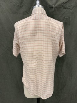 HENNESSY VAN HEUSEN, White, Rust Orange, Cotton, Grid , Button Front, Collar Attached, 1 Pocket, Short Sleeves,