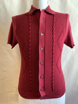 NO LABEL, Red Burgundy, Acrylic, Solid, Button Front, Collar Attached, Short Sleeves, Self Stripe & Diamond,